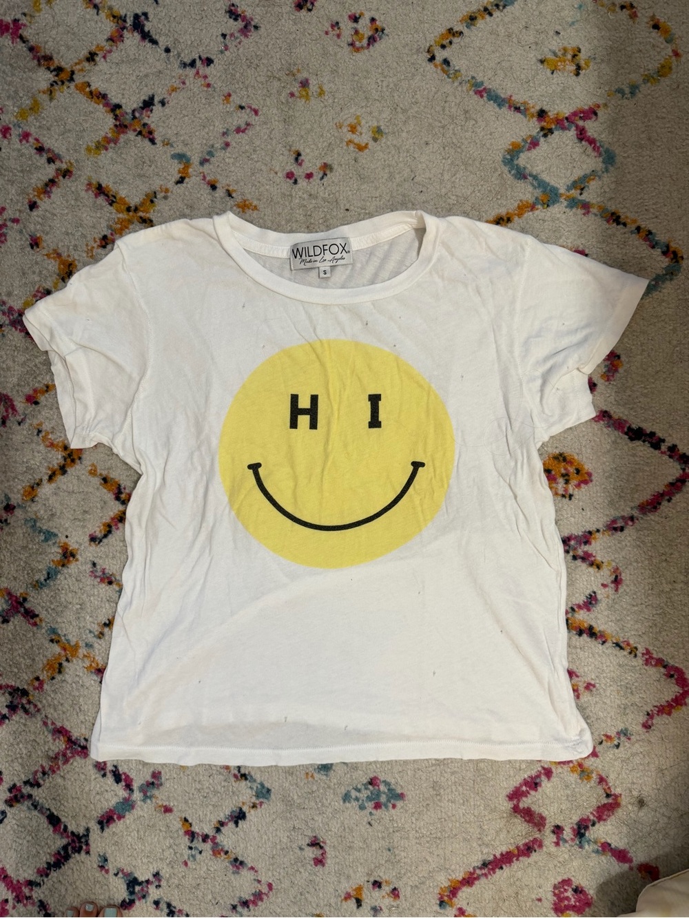 Wildfox Distressed White Tee with Yellow Smiley "HI" Graphic